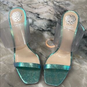 Vince Camuto Iridescent Teal Slide Heels with Clear Strap